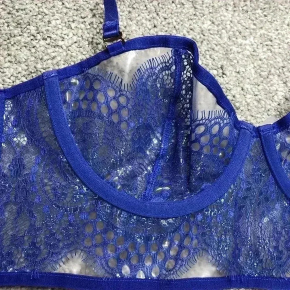 Savage X Fenty Bra Small Blue Straps with Plastic Clear Cups Rhianna - Picture 3 of 7